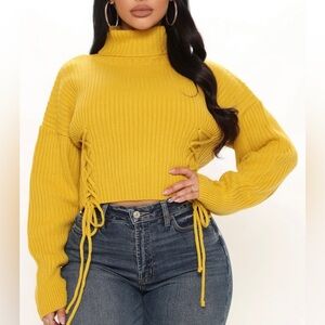 NWT Chunky Oversized Ribbed Cable Knit Turtle Neck Drop Shoulder Sweater-Mustard